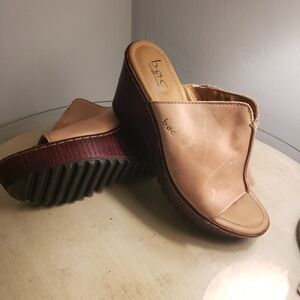 BOC Women's Size 7 Brown Tan Leather Wedged Sandals Boho Retro Casual Comfort